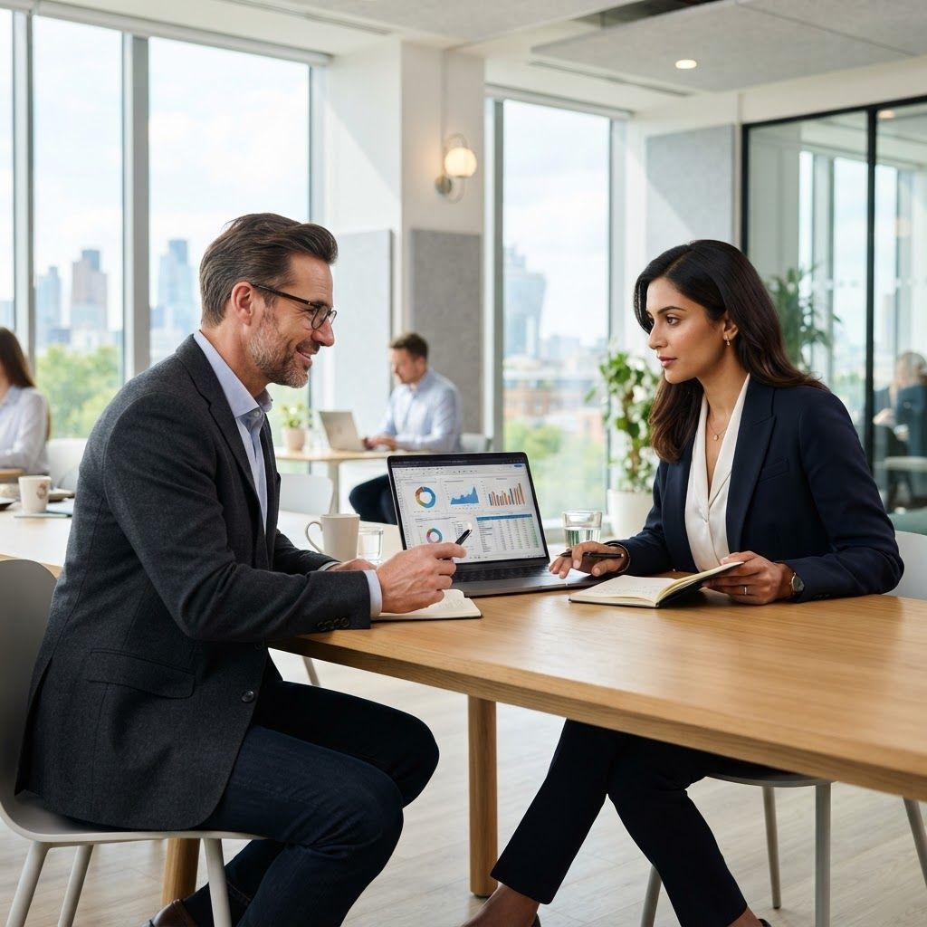 Two consultants reviewing a growth strategy together