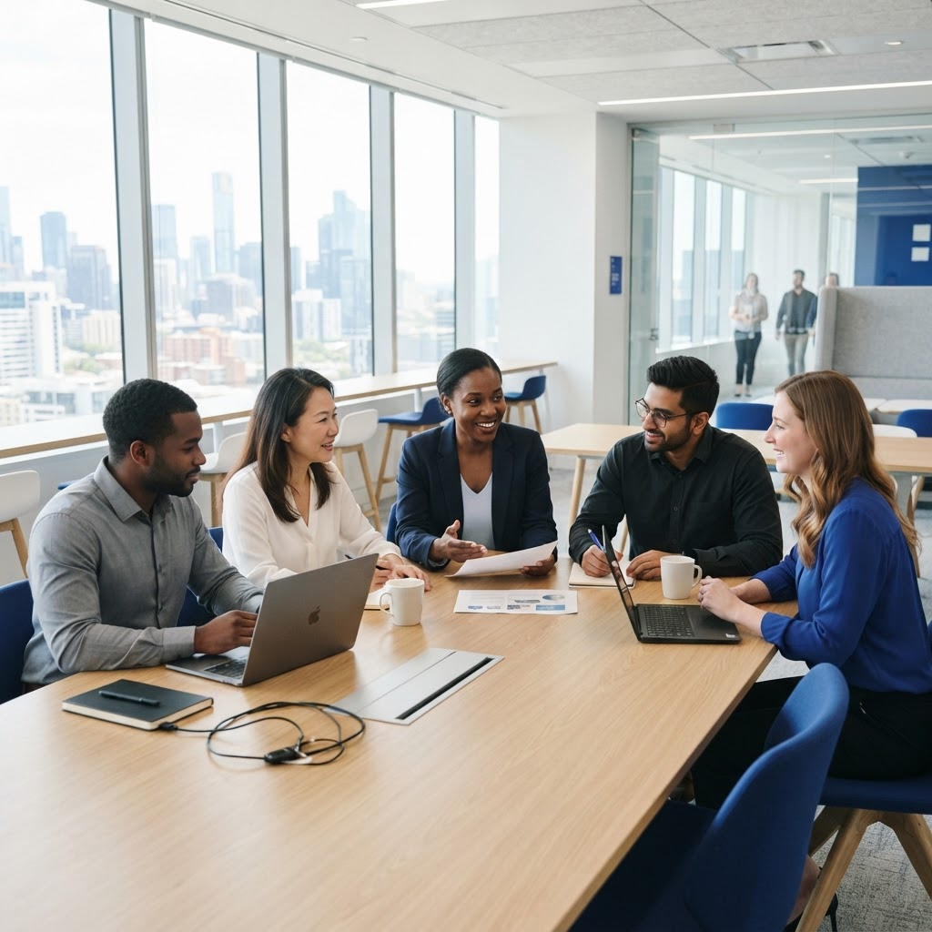 A consulting team collaborating in a bright modern office